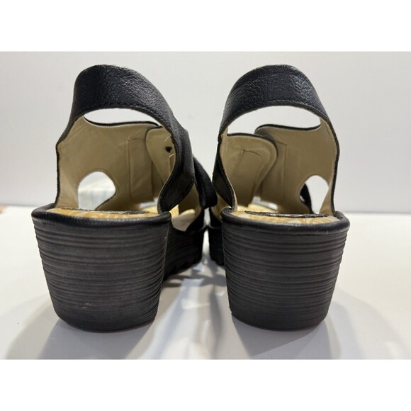 Fly London Ylfa Slingback Wedge Black Leather Lace Tie Women Sandals Sz 9 EU 40 - Picture 11 of 13
